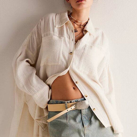 new Free People Cardiff 100% Cottone GAUZY! Button-Down Shirt Tunic 3S2 - Picture 2 of 11